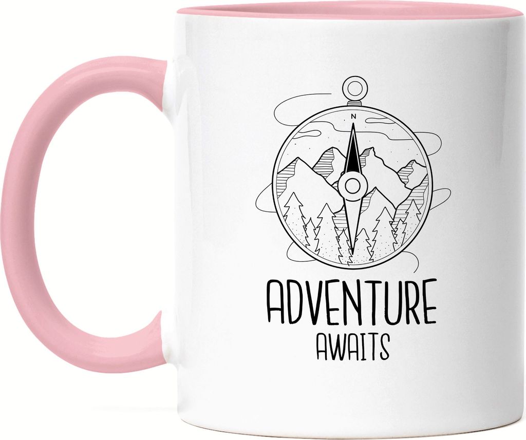 Adventure Awaits Tasse Rosa Camping Reisen Abenteuerlust Produktbild 