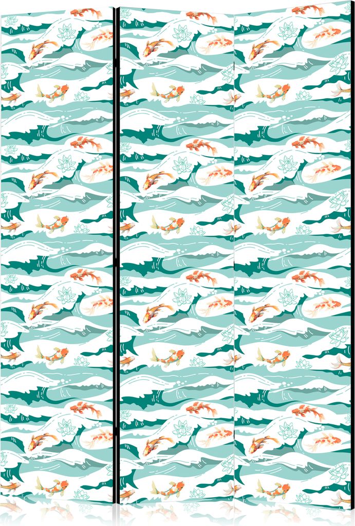 3-teiliger Doppelseitiger Vlies Paravent - Fish Leaping Above the Waves - Oriental Fish and Water Lilies Among High Waves in Sea Green Colors 135x1...