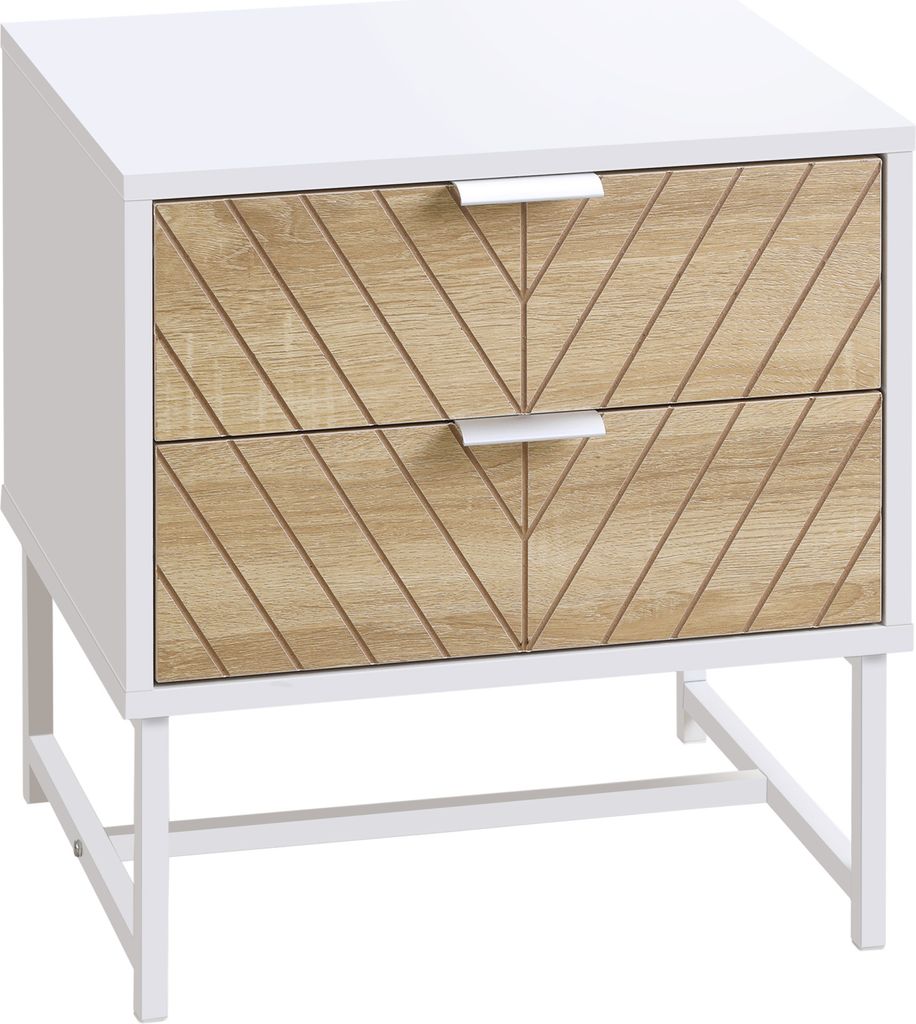HOMCOM Nachttisch mit 2 Schubladen, Nachttisch mit Stahlbeinen, Nachttisch für Wohnzimmer, Schlafzimmer, Bett, 45 x 39 x 48 cm, Weiß und Eiche