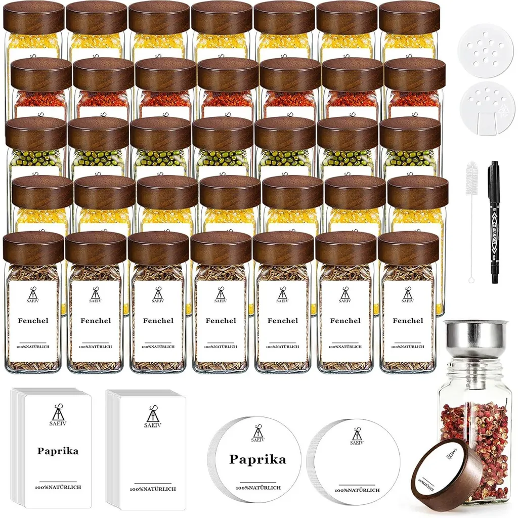 Bocaux à épices carrés 120ml avec étiquettes et couvercle acacia bois