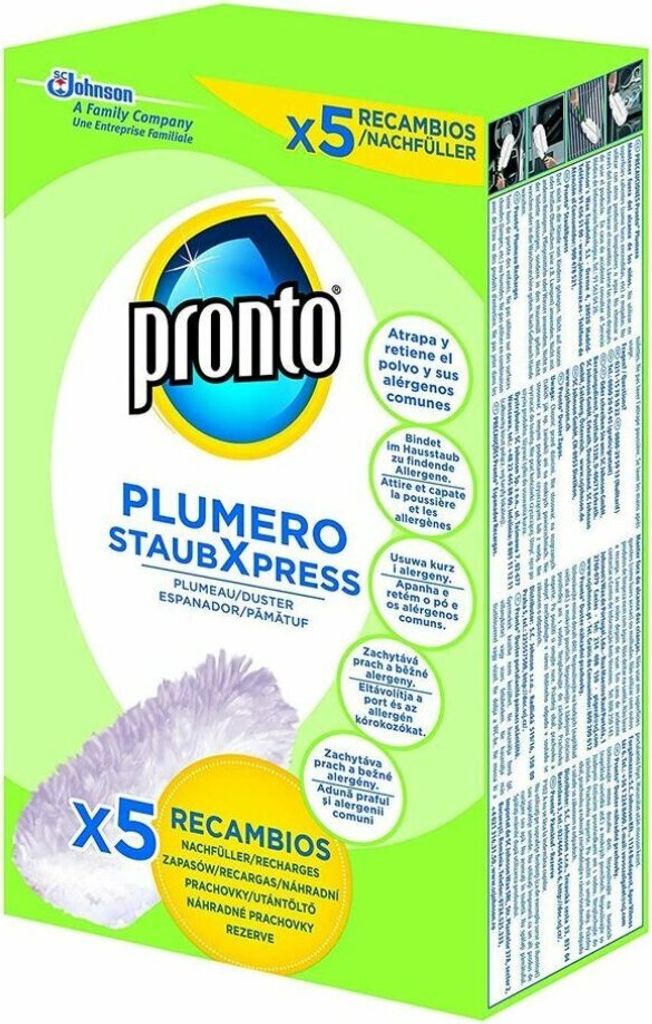 A green and white box packaging for Pronto Plumero StaubXpress refill heads.