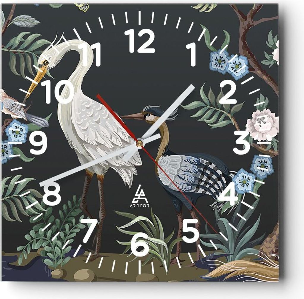 Wanduhr - Quadrat - Glasuhr - Asiatisch Reiher Blumen - 30x30cm - Schleichendes Uhrwerk - Lautlos - zum Aufhängen bereit - Dekoration Modern - Wan...