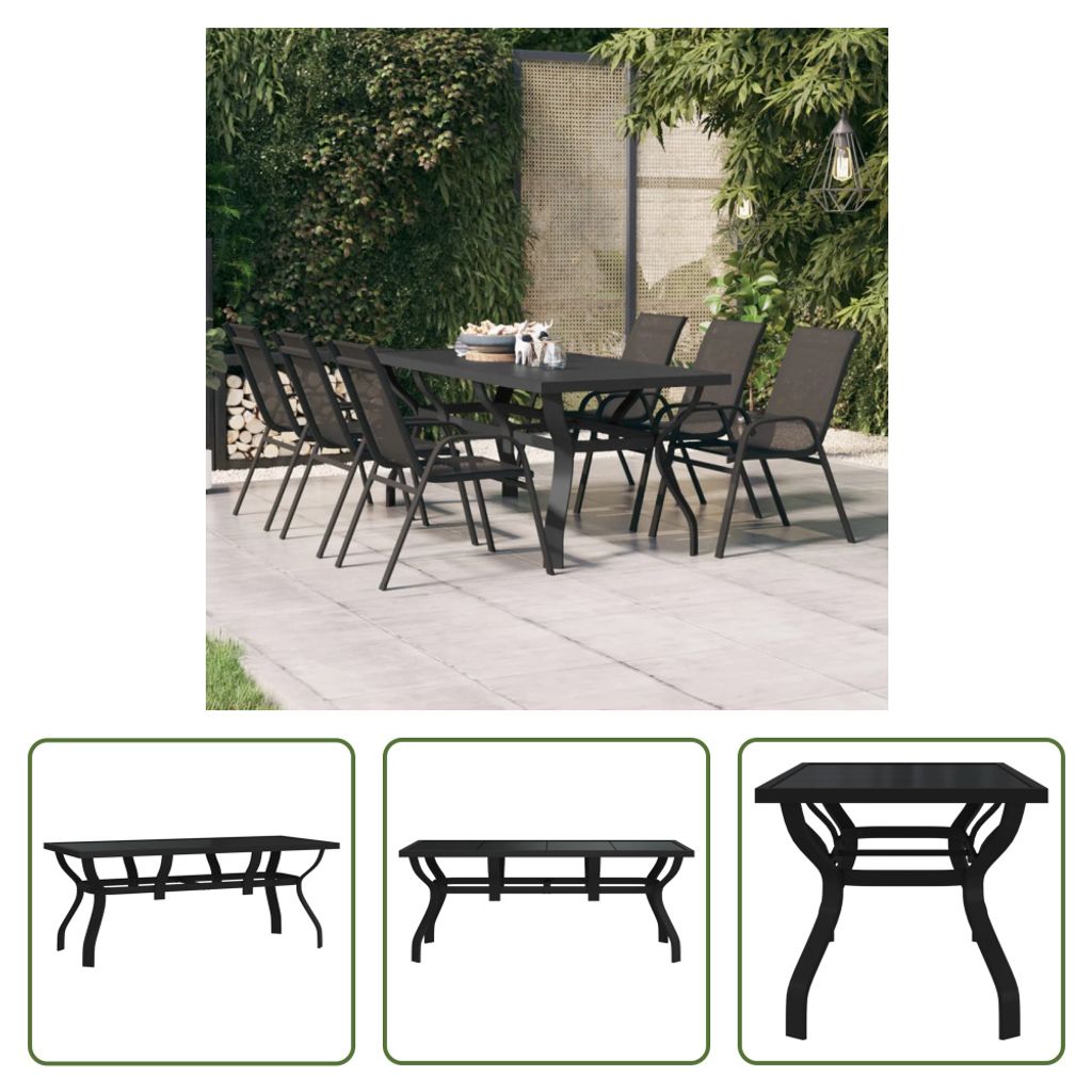 The Living Store Gartentisch Schwarz 180x80x70 cm Stahl und Glas