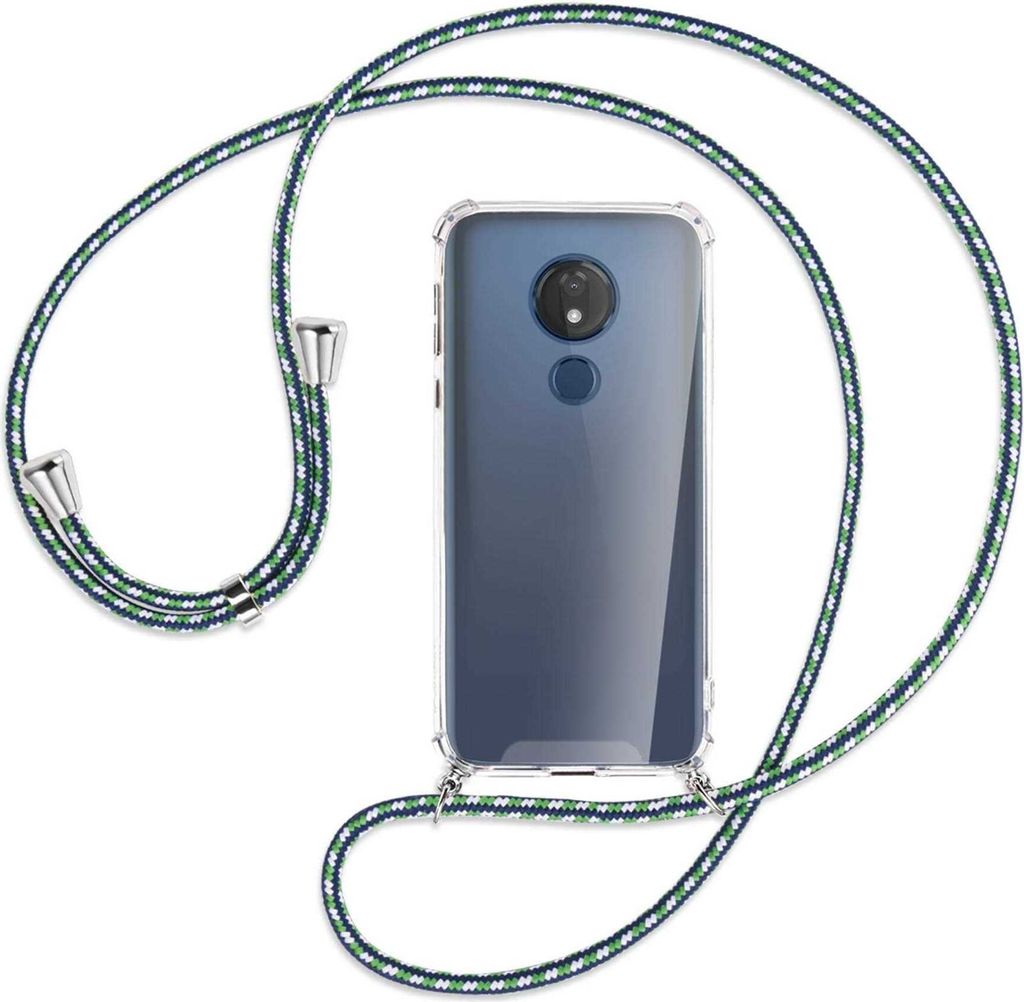 Handykette Backcover-Schutzhülle mit Band (Metall silberfarben) für Motorola Moto G7 Power - grün/blau/weiß