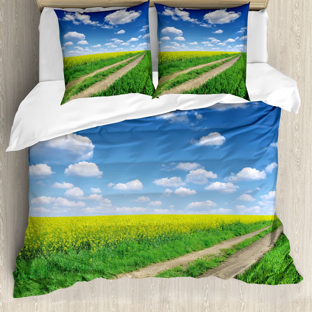 ABAKUHAUS Gelb und Blau Bettbezug, Rapssaat Feld, Milbensicher Allergiker geeignet mit Kissenbezügen, 155 cm x 220 cm - 80 x 80 cm, Grün, Blau, W...