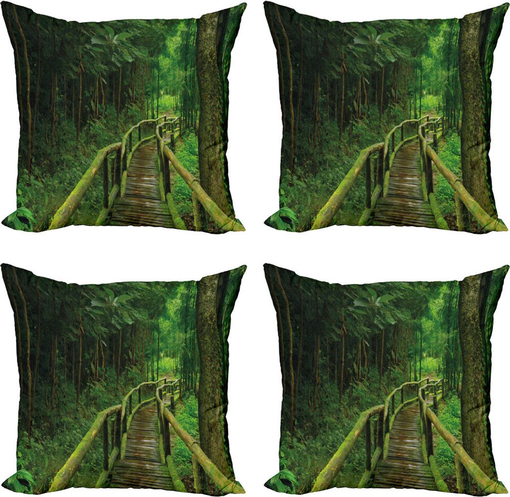 ABAKUHAUS Urwald Kissenbezug Set (4 Stück), Regenwald in Thailand, Moderner Doppelseitiger Digitaldruck, 45 cm x 45 cm, Grün Braun