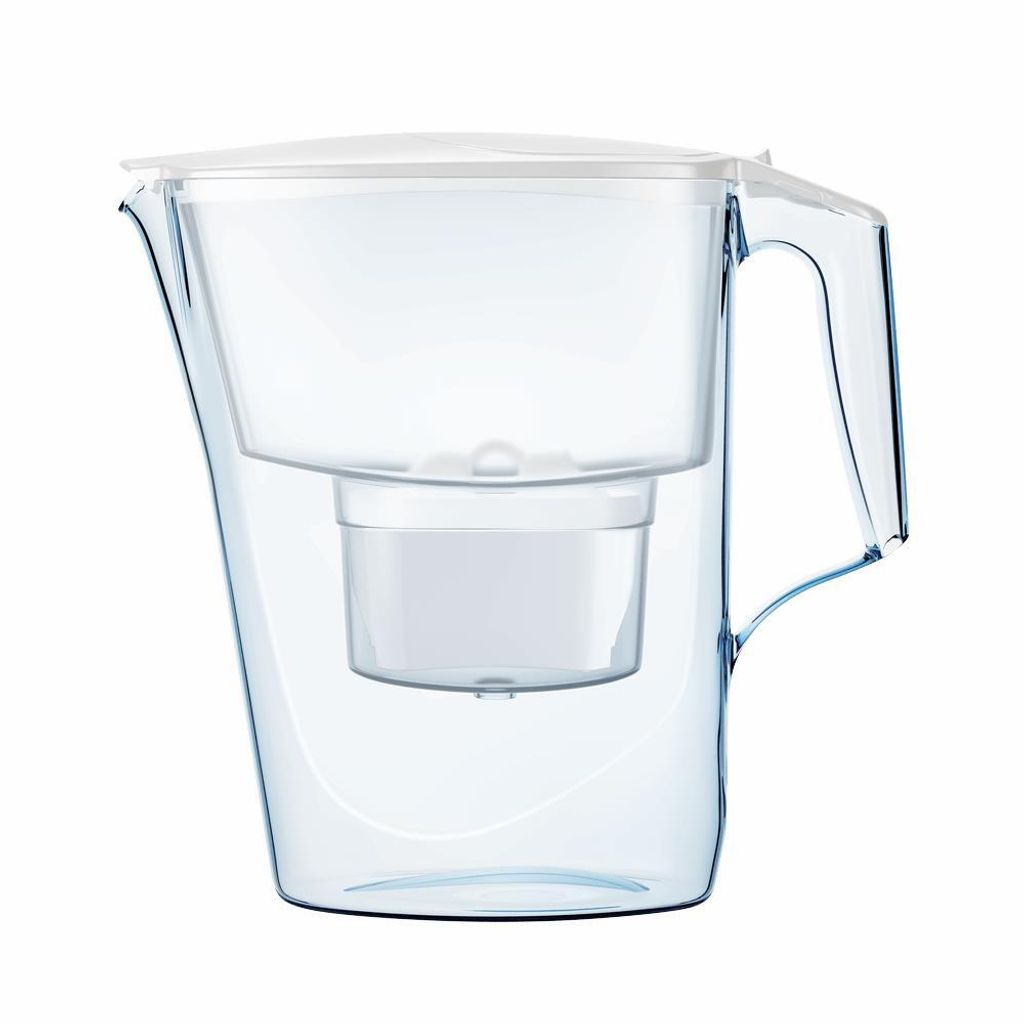 A clear, studio shot of a water filter pitcher on a white background.