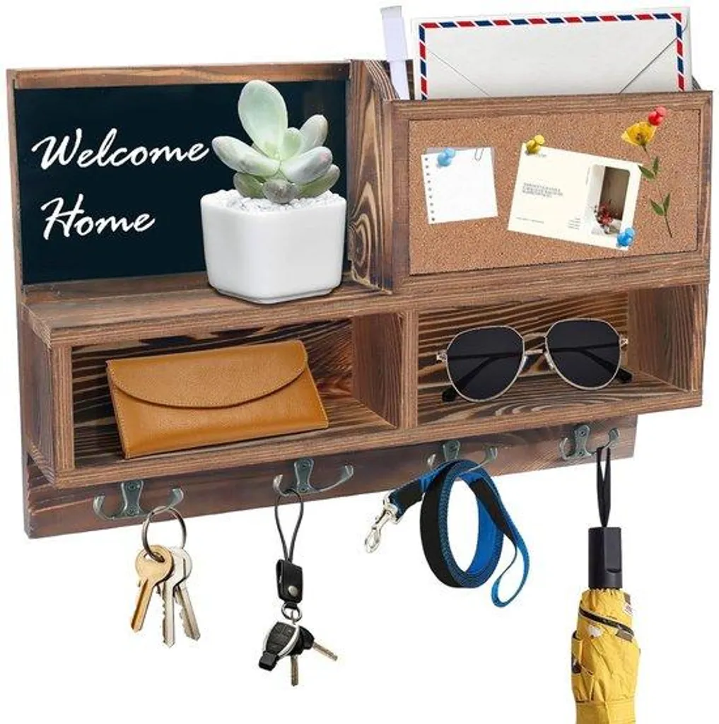 Organisateur d'entrée porte-clés bois marron avec tablette et panier