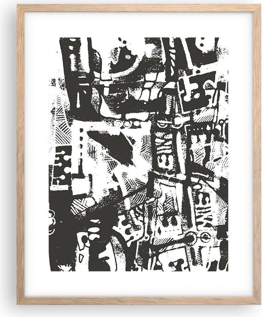 Gerahmtes Poster - Rahmen in heller Eiche - Schwarzweiß Figuren Abstraktion - 40x50 cm - Wand Bild - Wanddeko - Wandbilder - Kunstposter - Wandpos...