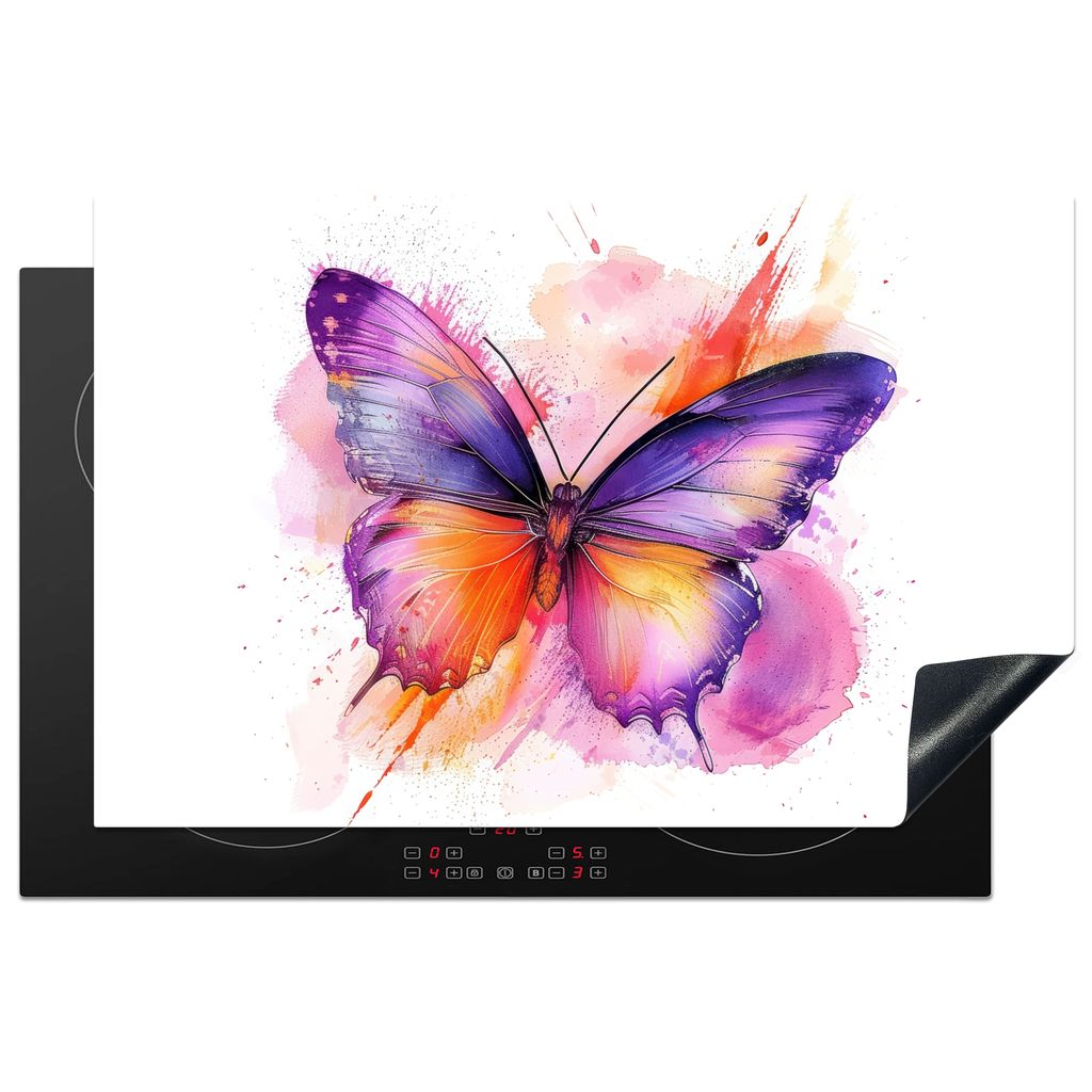 KitchenYeah Herdabdeckplatte Schmetterling - Aquarell-Look - Lila - Tier , 81x52cm, Küche Deko, Glaskeramikkochfeld Herdabdeckung, Abdeckplatte ...