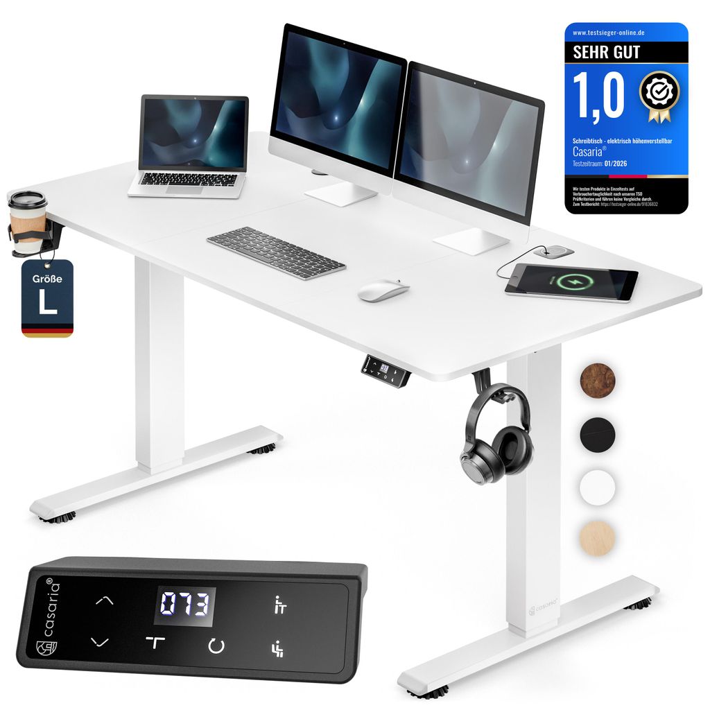 CASARIA Höhenverstellbarer Schreibtisch elektrisch 140 x 70 cm mit Wireless Charger & USB-C/A Anschluss LCD-Display Memory-Funktion 80 kg belast...