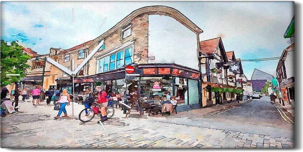 Leinwand Uhr Küche Wohnzimmer Bild 60x30 Altstadt von Canterbury Aquarell - weiße Hände