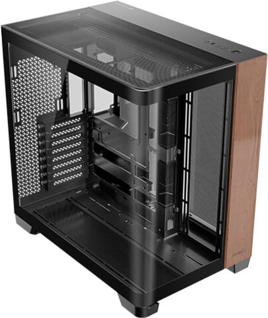 A computer case with a black frame, wood accents, and glass panels.
