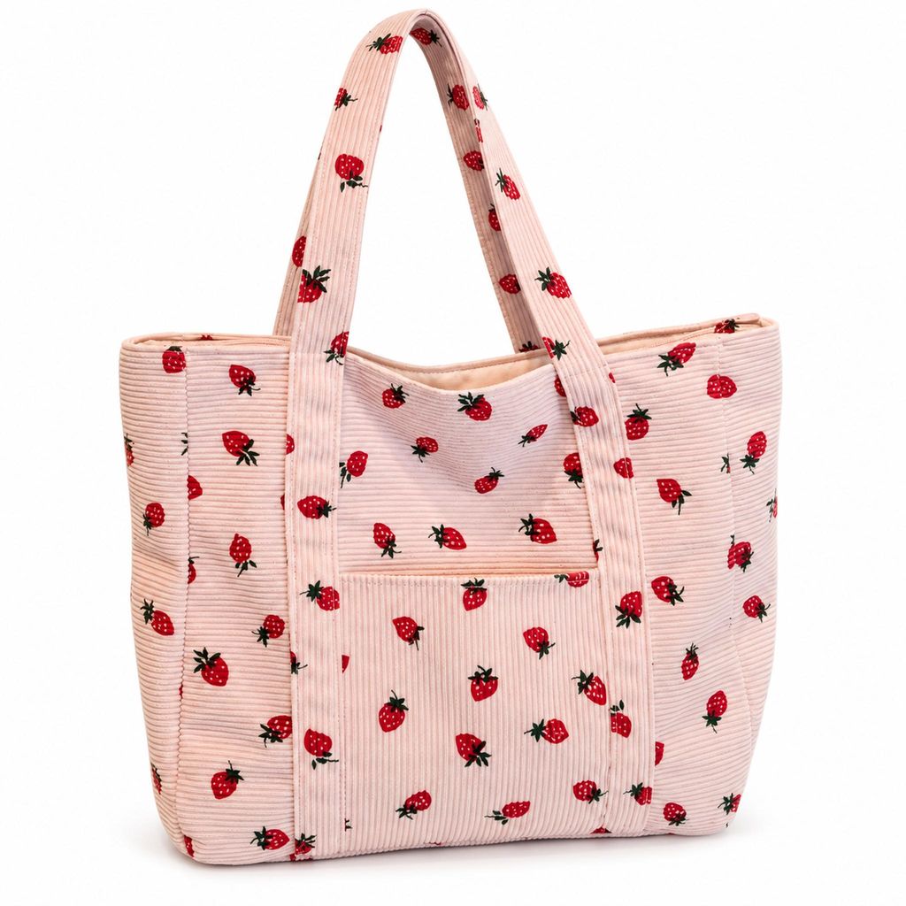 Cord Schultertasche mit Erdbeermuster – Tote Bag mit Produktbild 