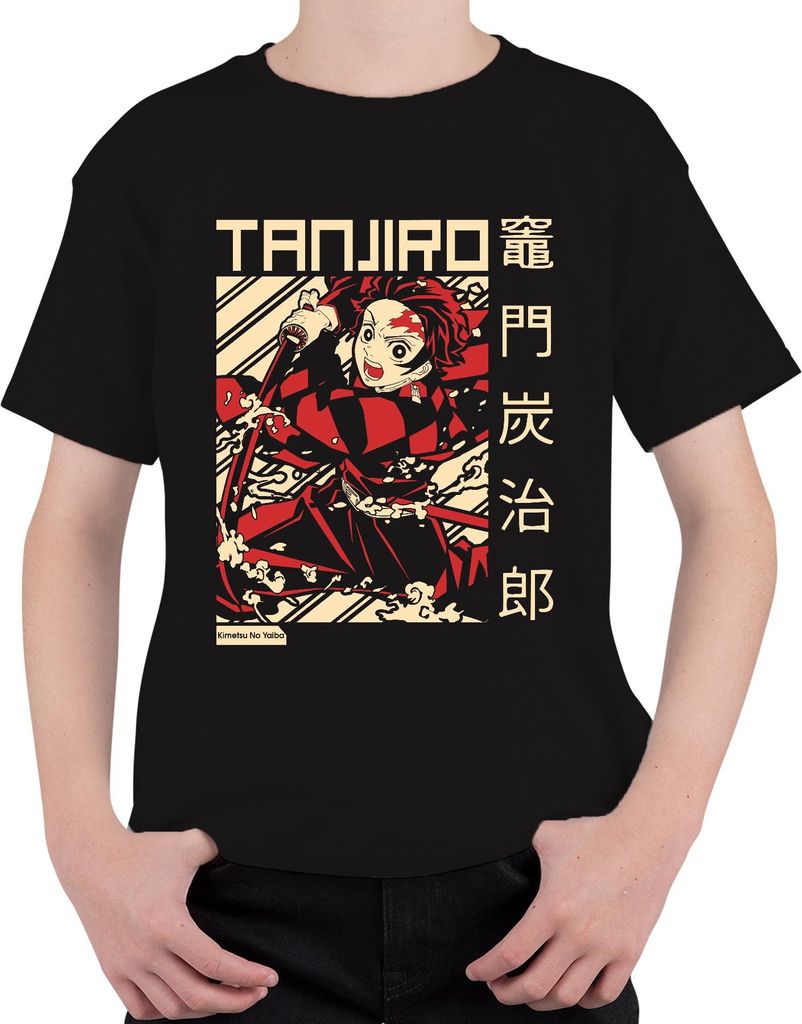 Tanjiro Kimetsu No Yaiba Dämonenjäger Schwert Feuer Geschenk Uni Kinder T-Shirt, Schwarz, 140
