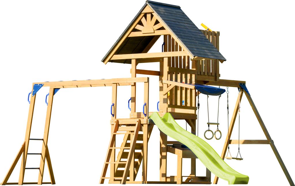 AXI Mitch Spielturm aus Holz in Braun mit Doppelschaukel | Spielplatz für Kinder mit Hellgrüner Rutsche, Schaukel, Trapez, Kletterwand, Aussichts...