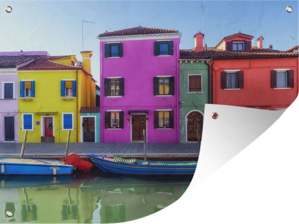 MuchoWow 80x60 cm Outdoor-Poster Gartendeko Sichtschutz Garten Poster für den Garten Spiegelung der bunten Häuser in Burano in Venedig