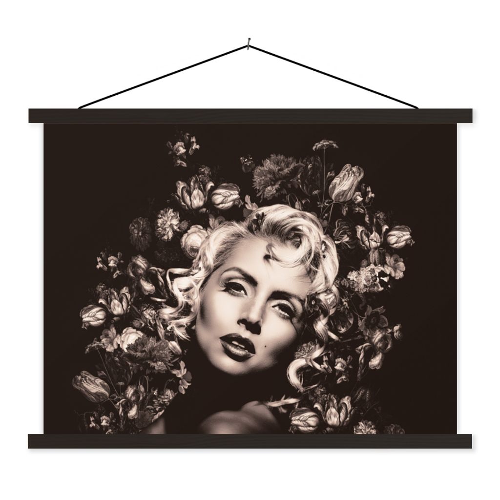 MuchoWow Textilposter Frau - Schwarz - Weiß - Blumen 40x30 cm mit schwarzem Rahmen - Dekorationen