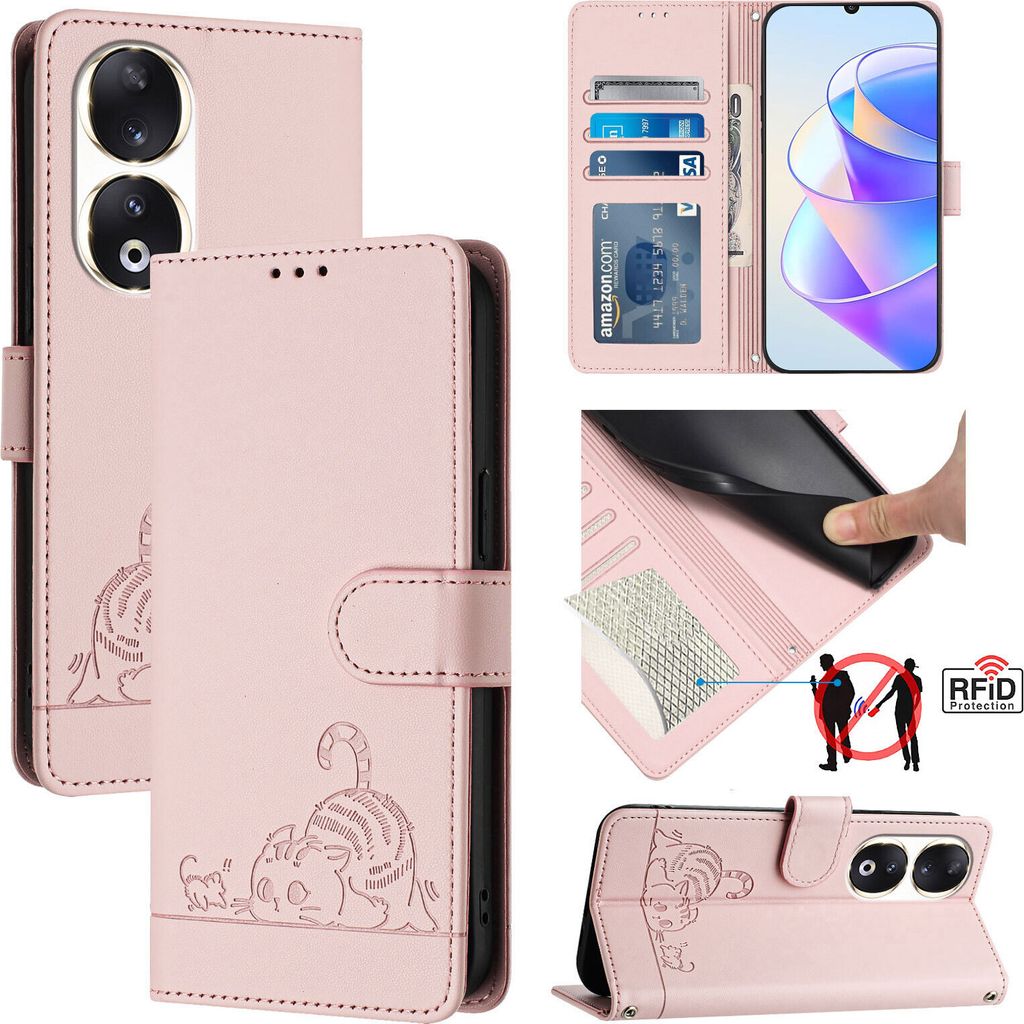 Leder Hülle für Honor 90 Süße Katze Flip Case Brieftasche Schutzhülle mit Standfunktion Pink