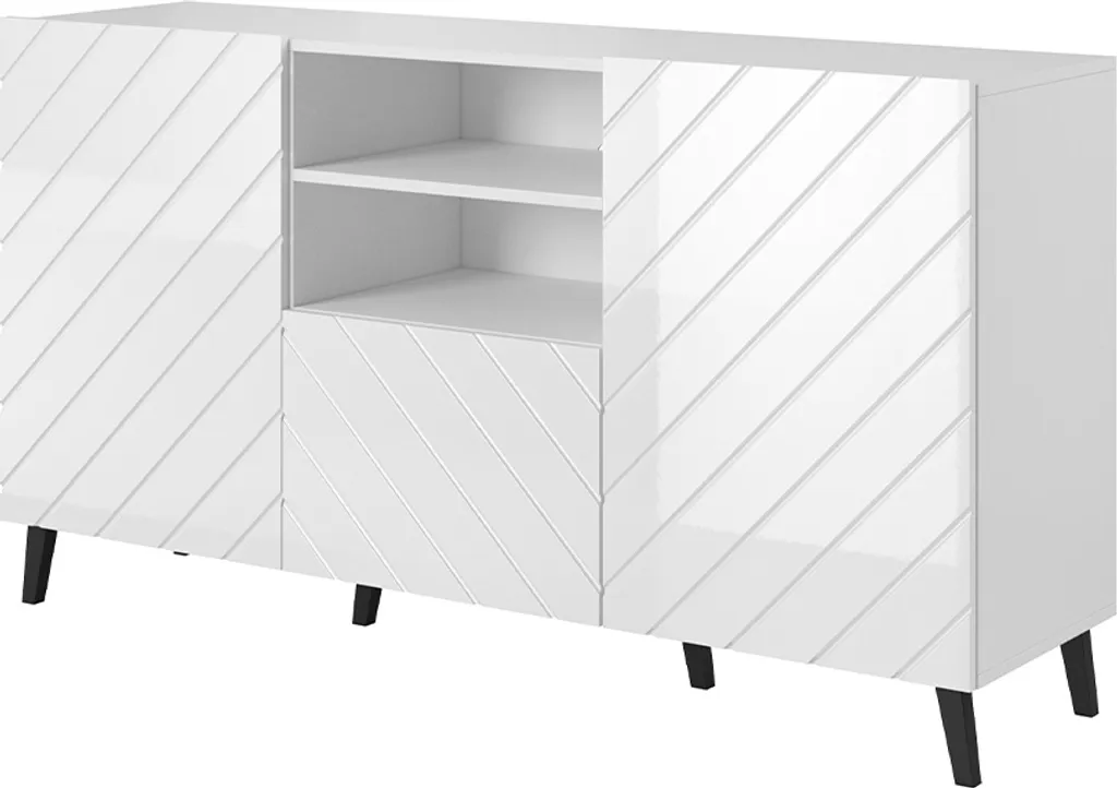 Commode BERMEJO blanc brillant avec tiroirs et portes de rangement