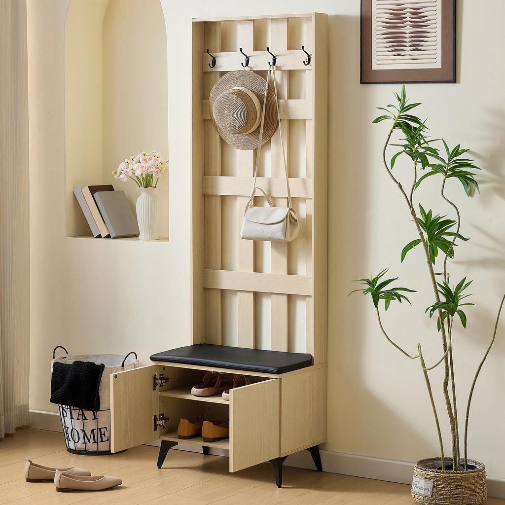 okwish Garderobenständer Garderobenschränke mit 4 Kleiderhaken und schwarze Stahlbeine,Flurschränke mit Schuhregal,Sitzbank mit Stauraum,Holz