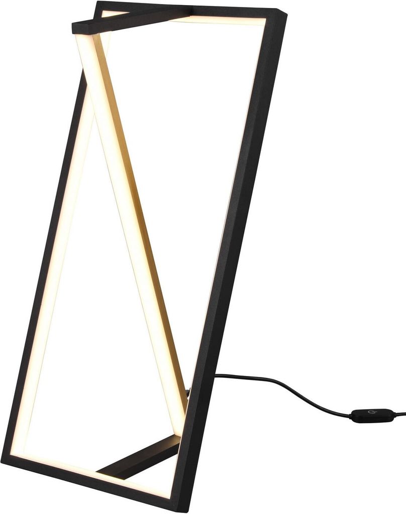 A modern, abstract table lamp with a black frame and integrated LED lighting.