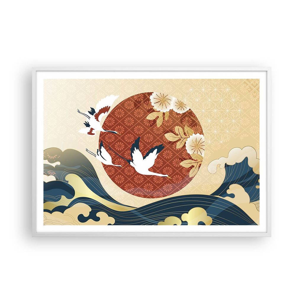 Gerahmtes Poster - Weißer Rahmen - Reiher Sonne Meer - 100x70 cm - Wand Bild - Wanddeko - Wandbilder - Kunstposter - Wandposter - Bilderrahmen - B...