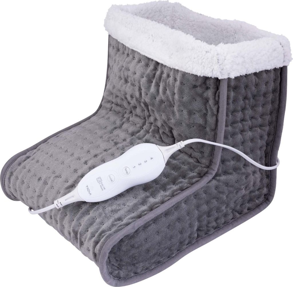 Tiqvi - Elektrischer Fußwärmer 28x30x35 cm, Grau, Waschbarer Bezug, 6 Heizstufen, Überhitzungsschutz