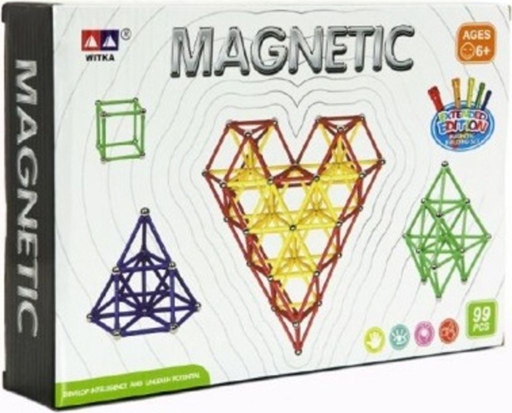 Magnet-Bausatz mit 63 Sticks, 36 Verbindungskugeln, geometrische Formen, 28x19x5 cm