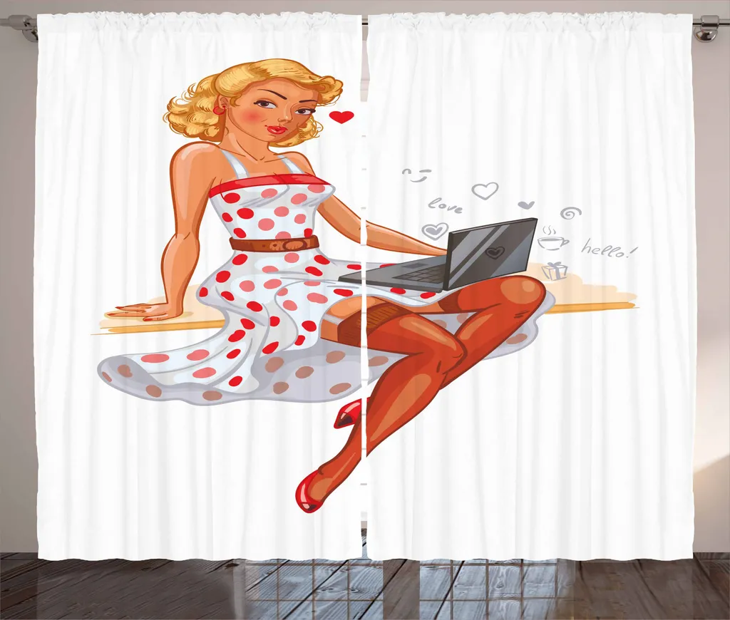 ABAKUHAUS Pin up Girl Tenda rustica, capelli corti biondi, tenda con passanti e ganci per camera da letto, 280 x 245 cm, multicolore
