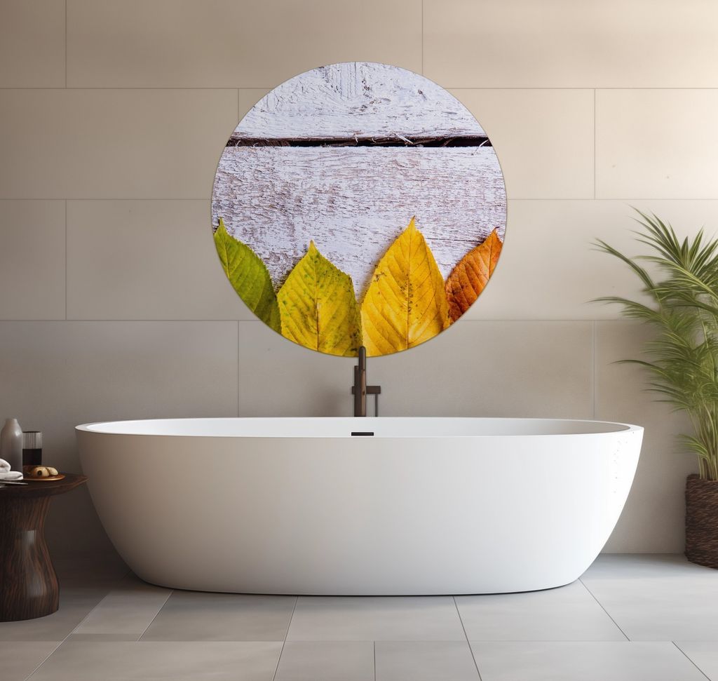 Wallario wasserfestes Poster selbstklebend 90 x 90 cm, Bunte Herbstblätter auf hellem Holz, Badezimmerposter Spritzschutz mit Hochglanzoberfläche...