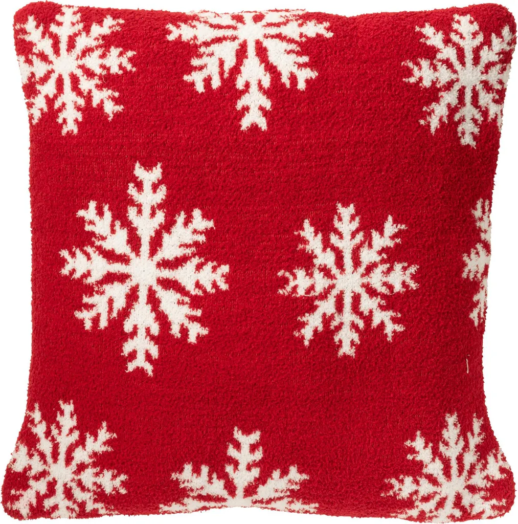 Coussin Décoratif de Noël Rouge J-Line avec Motifs Flocons de Neige Chic