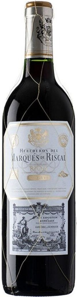 A bottle of red wine with a label and a net covering it.