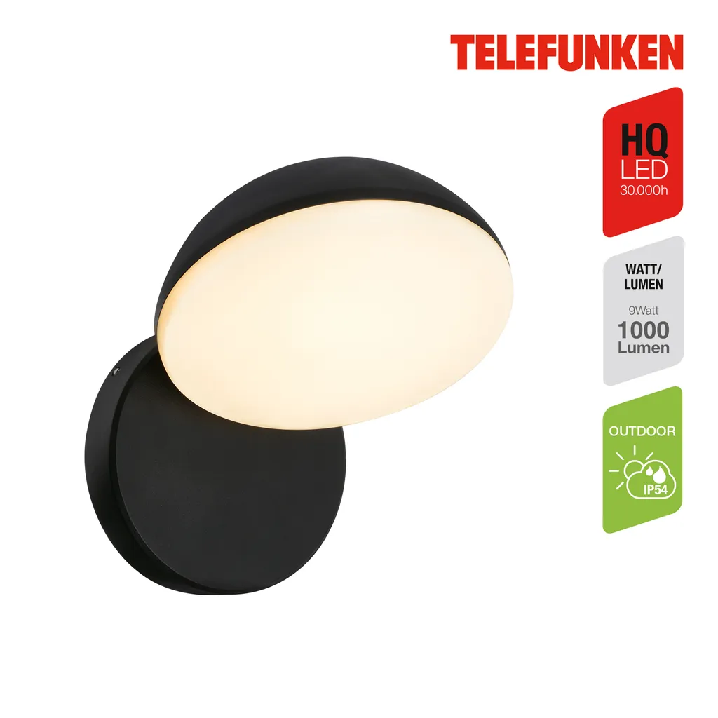 Applique Murale LED Extérieure IP44 Noire Telefunken avec Bouton Intégré