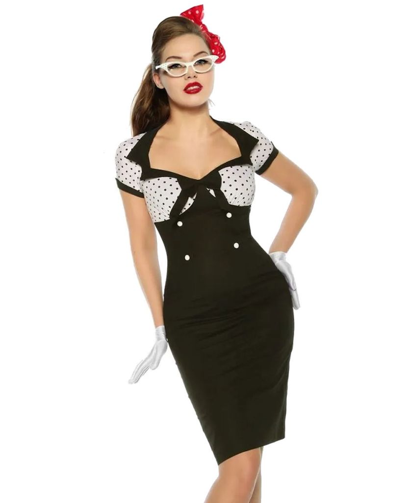 Etuikleid 50er Jahre Pin Up Rockabilly Kleid Retro Vintage Retrokleid weiß-schwarz dots, Gr. S