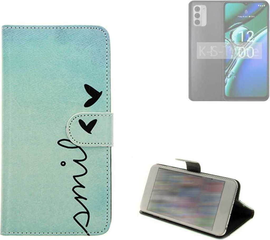 K-S-Trade Schutz Hülle Handy Hülle kompatibel mit Nokia G42 5G Hülle Handyhülle cover bookstyle Etui Handyhülle “smile“ türkis Standfunktion