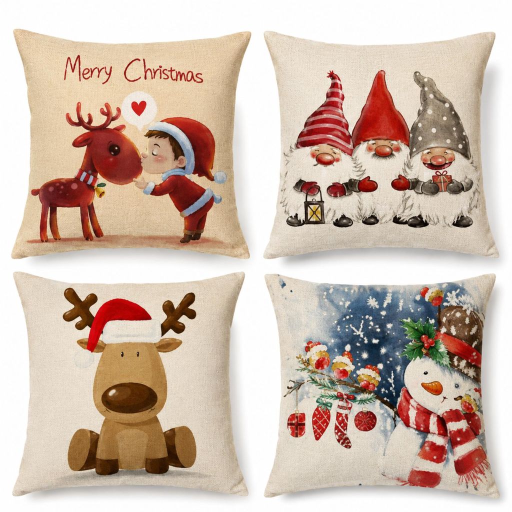 Weihnachtskissenbezüge 4er Set 45x45 cm aus Leinenstoff, Produktbild 
