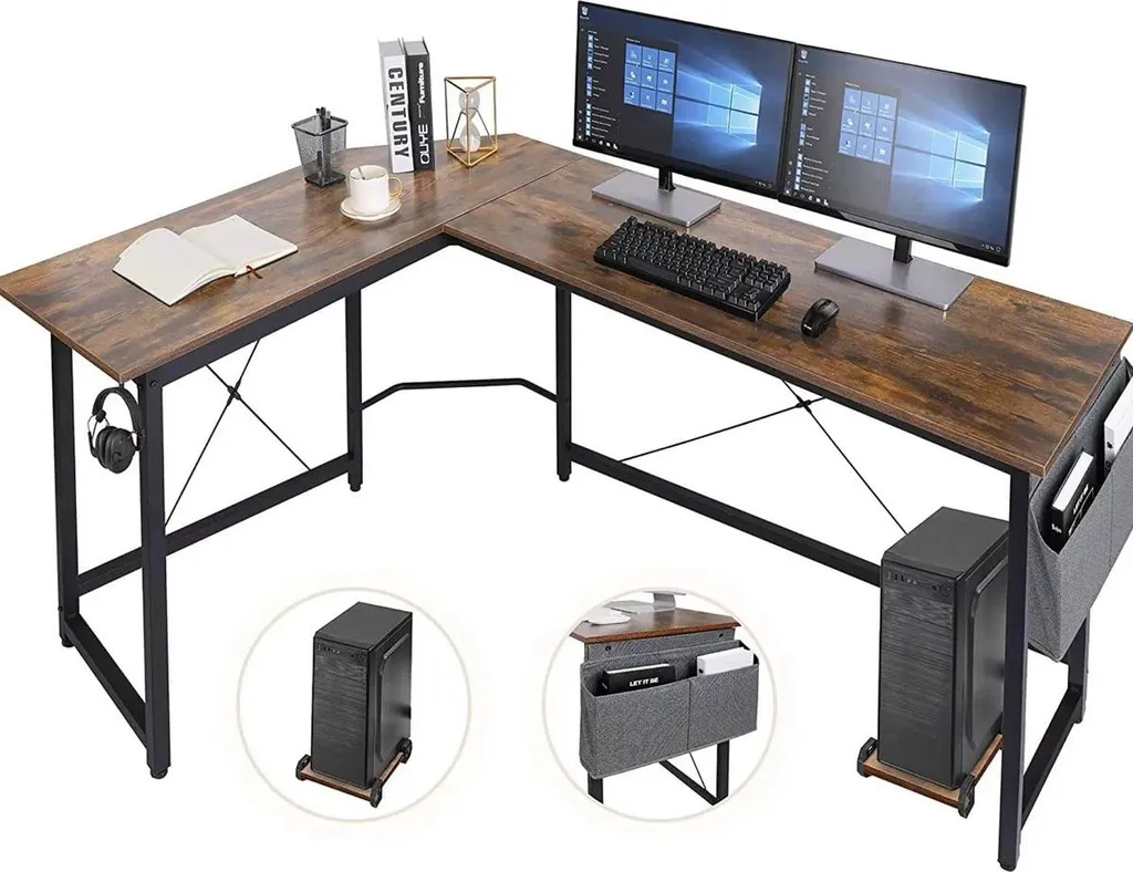 Bureau d'angle informatique 190cm - Grande table d'étude aspect bois clair - 2