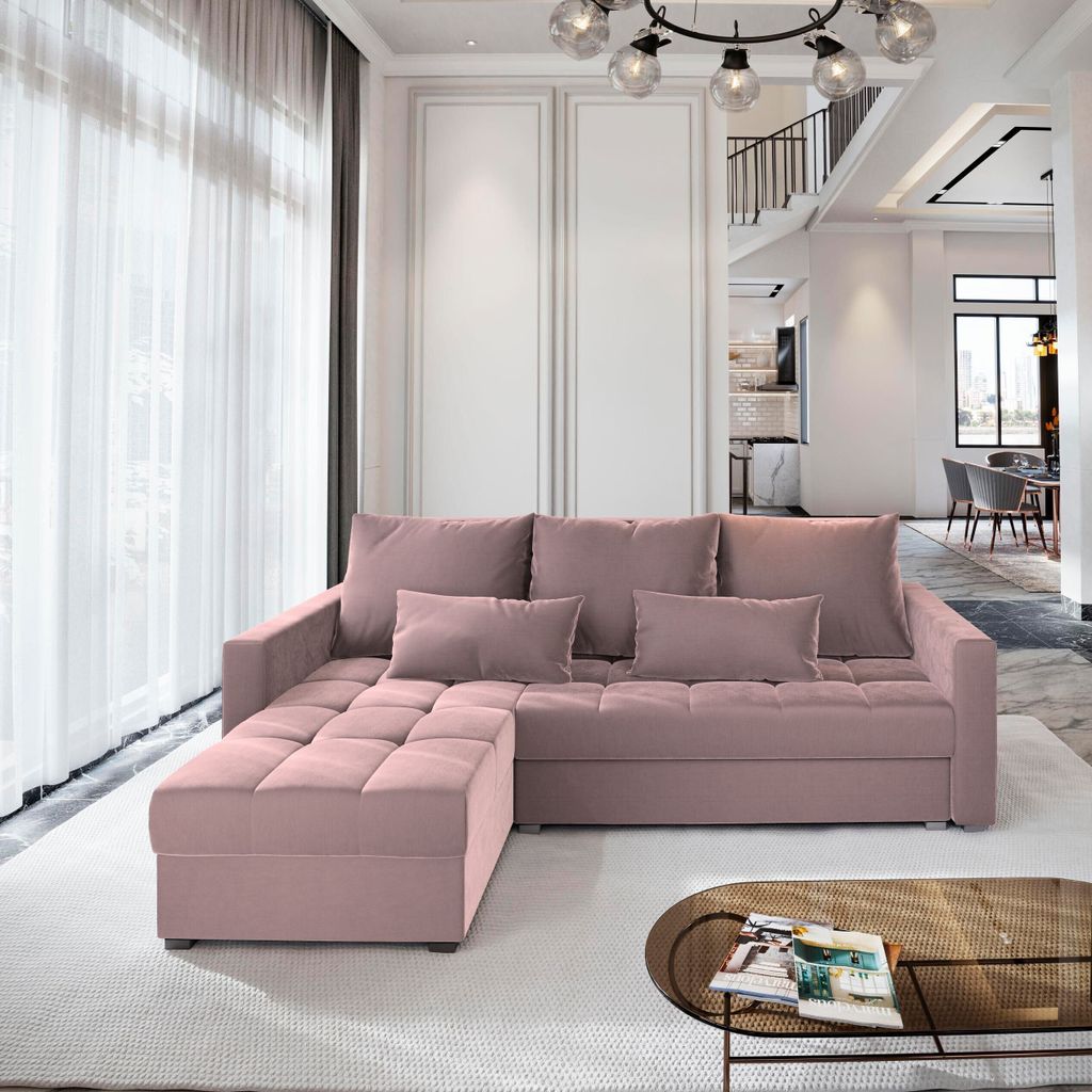 A pink sectional sofa with an ottoman is shown in a well-lit living room.