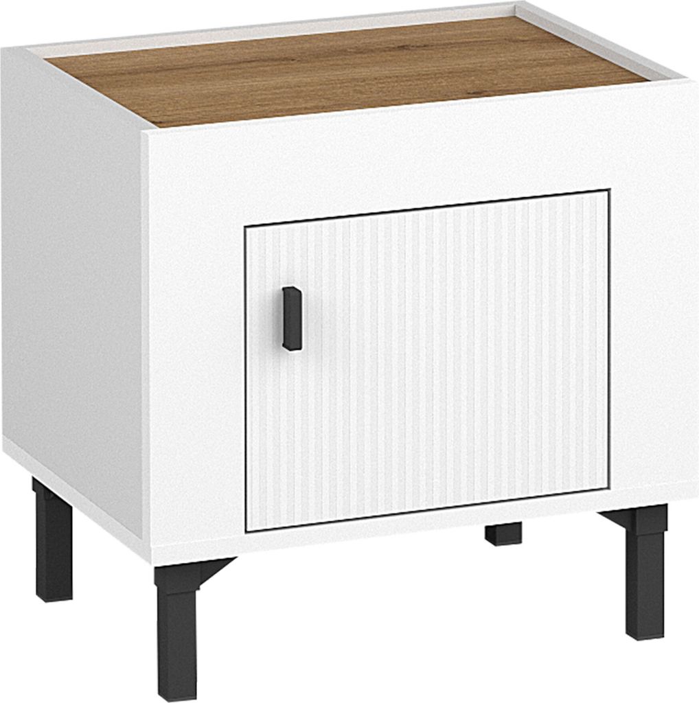 MIRJAN24 Nachttisch Mossa MO11, Schlafzimmerschrank, Nachtschrank mit Drehtür, Stilvoll Kollektion (Farbe: Weiß / Weiß + Eiche Whisky)
