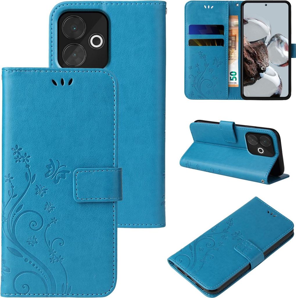 A collage of images showing a blue floral butterfly patterned flip phone case for a Xiaomi Redmi 13.