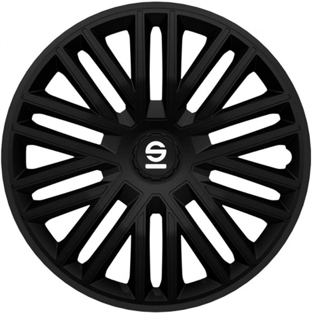 A black car wheel cover with a logo in the center.
