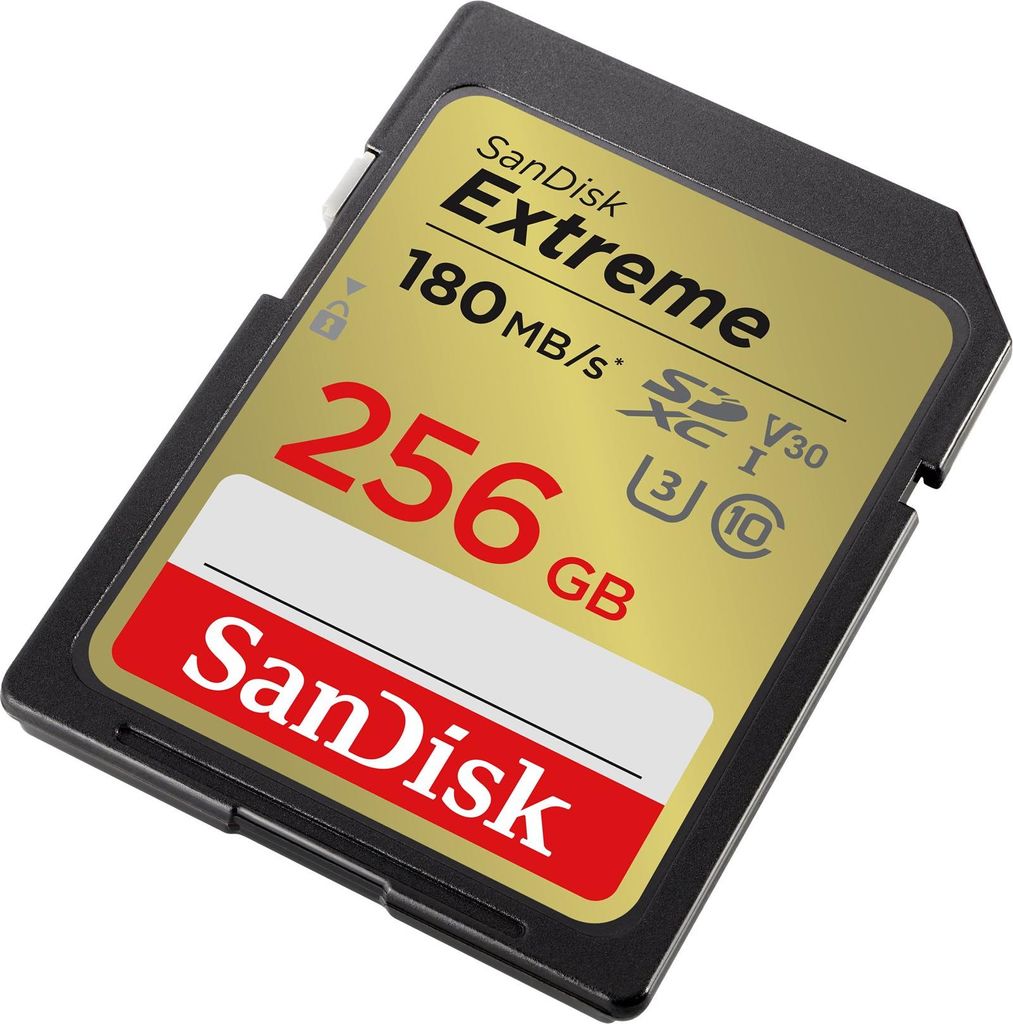 A close-up, angled shot of a SanDisk Extreme 256GB SDXC memory card against a white background.