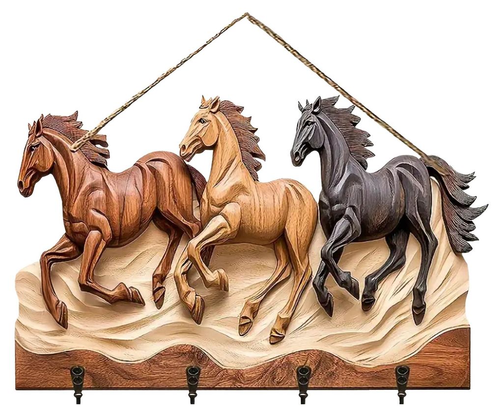 Dekoratives Wandschild aus Holz mit 4 Haken, Pferde- oder Elefantenschild im rustikalen Stil, ideal zum Aufhängen von Schlüsseln, Taschen und Sch...