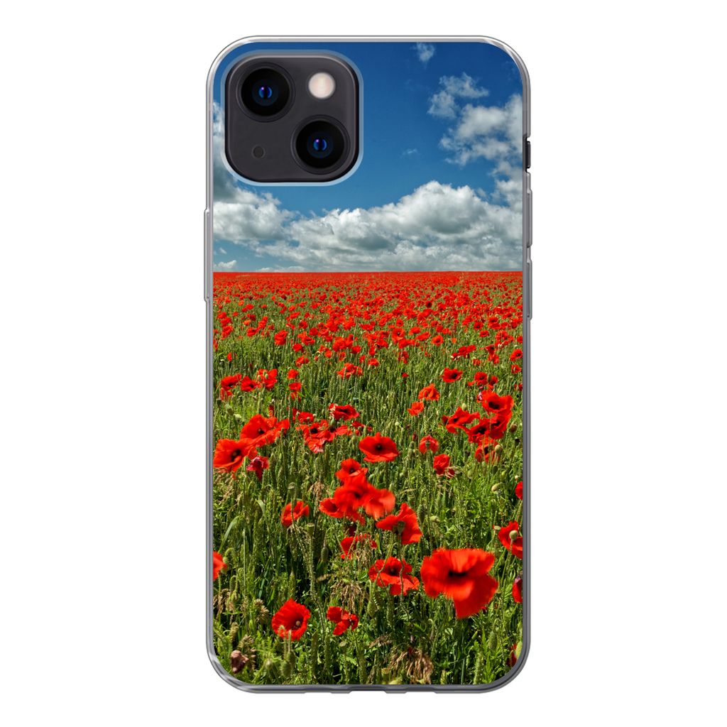 MuchoWow Handyhülle Schutzhülle Hülle für iPhone 13 mini Schneeweiße Wolken über einem Mohnblumenfeld Silikon Softcase Handy Hülle - Softcase