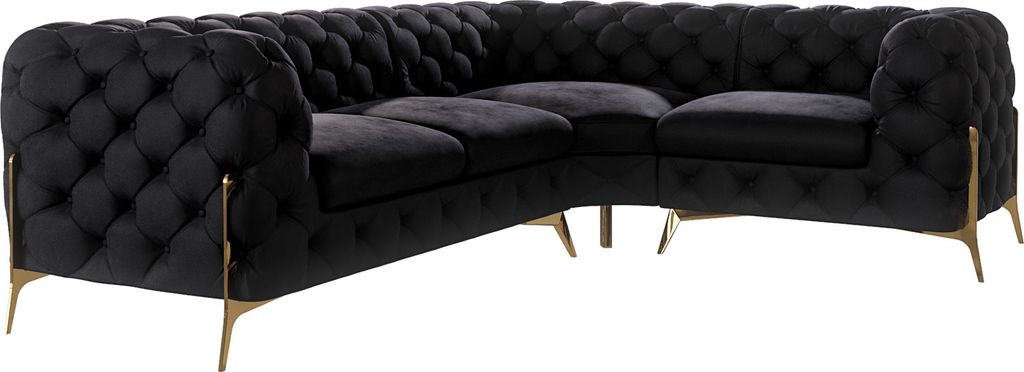 S-STYLE MÖBEL - Chesterfield Ecksofa Nova mit Goldene Metall Füßen aus Schwarz Samtstoff - Ottomane rechts, B/T/H: 264 cm / 204 cm / 75 cm