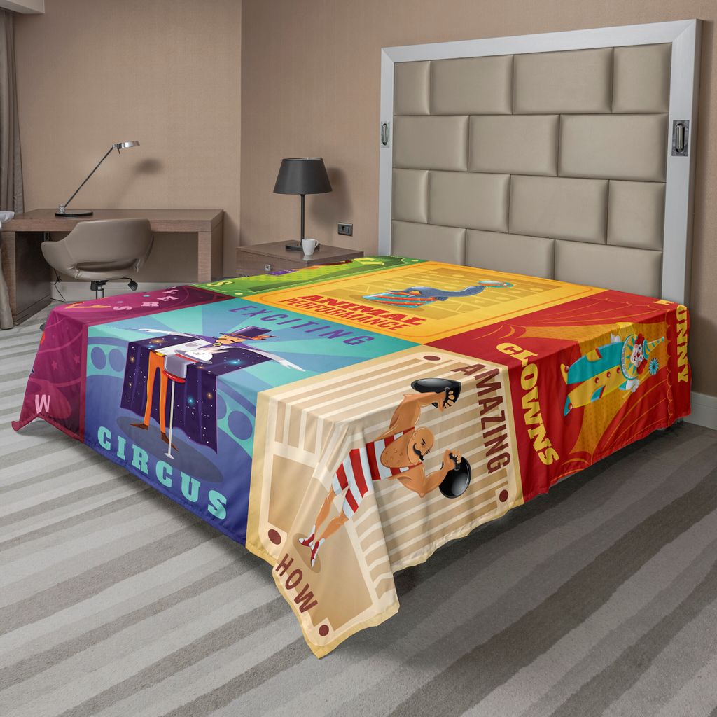 ABAKUHAUS Zirkus Bettlaken, Zirkus Charaktere Mit Ausgebildeten Tieren Starker Mann Trapez Künstler Retro Show Design, weiches bequemes oberes Bet...