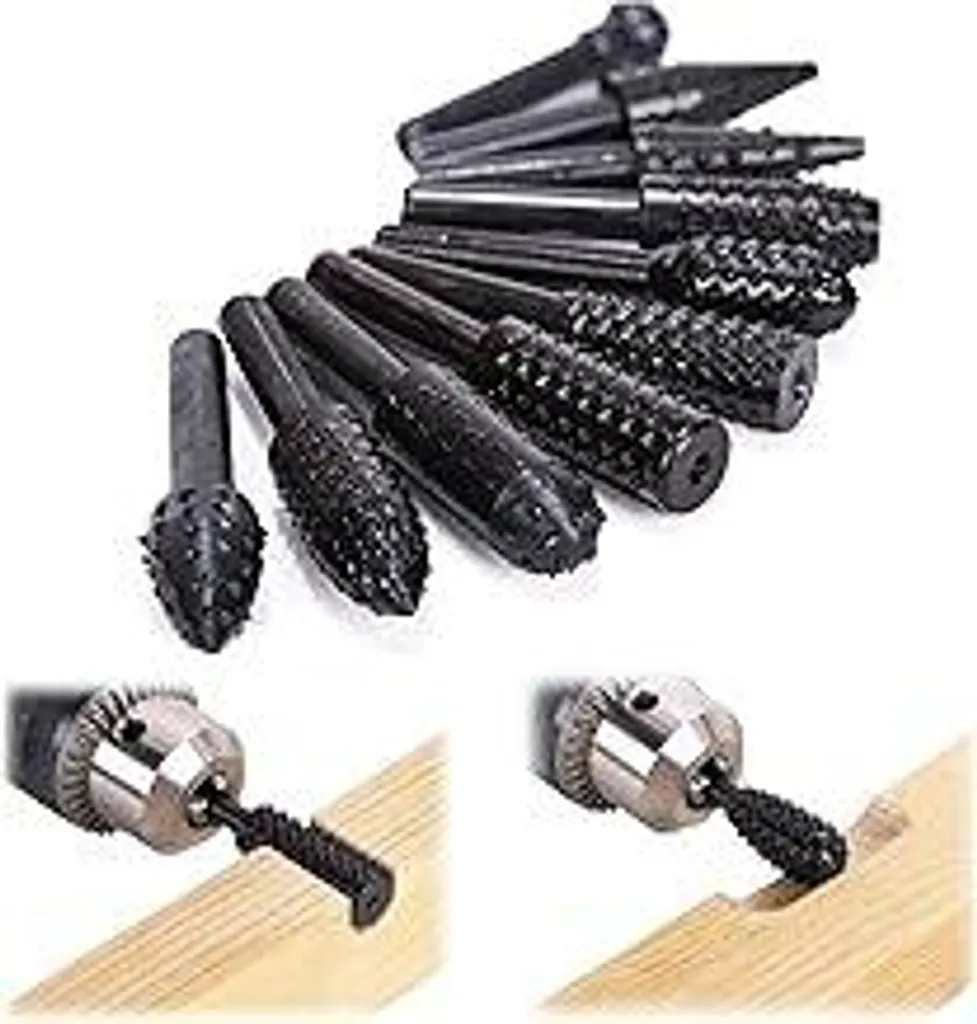 Alriedy Set di 10 raspe per legno con gambo esagonale da 6,3 mm – Set professionale di raspe e frese per trapani, incluse frese sferiche, cilindriche, a tenone e coniche per intaglio del legno