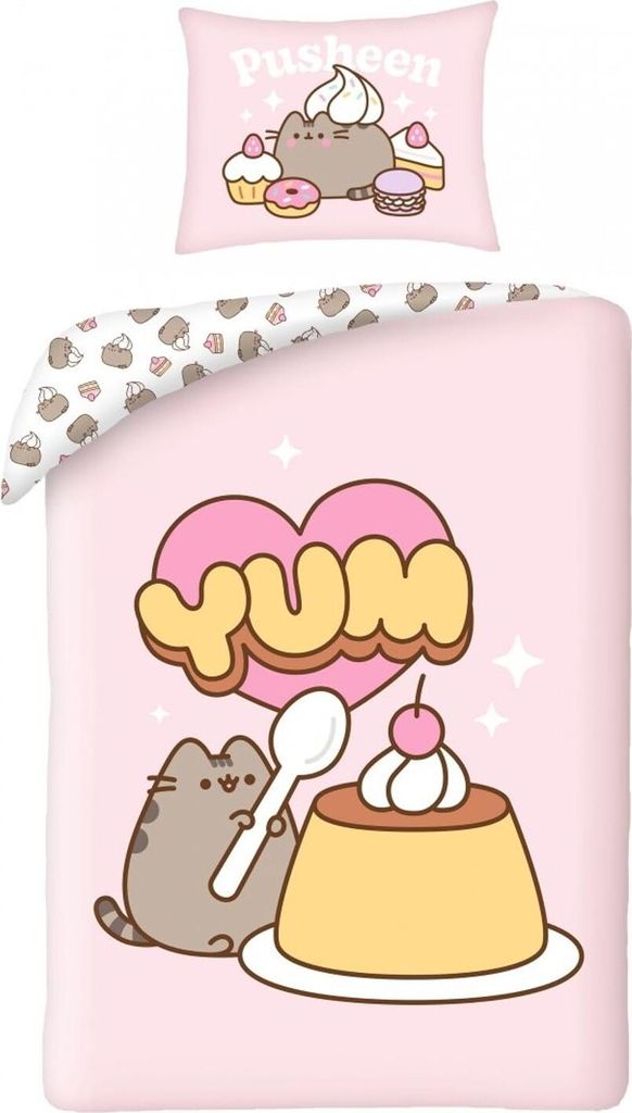 Halantex PUSHEEN YUM Pudding Sweet Shop wendbares Bettwäsche-Set für Einzelbett, 2-teilig, Bettbezug 140 x 200 cm und Kissenbezug 70 x 90 cm, 100...