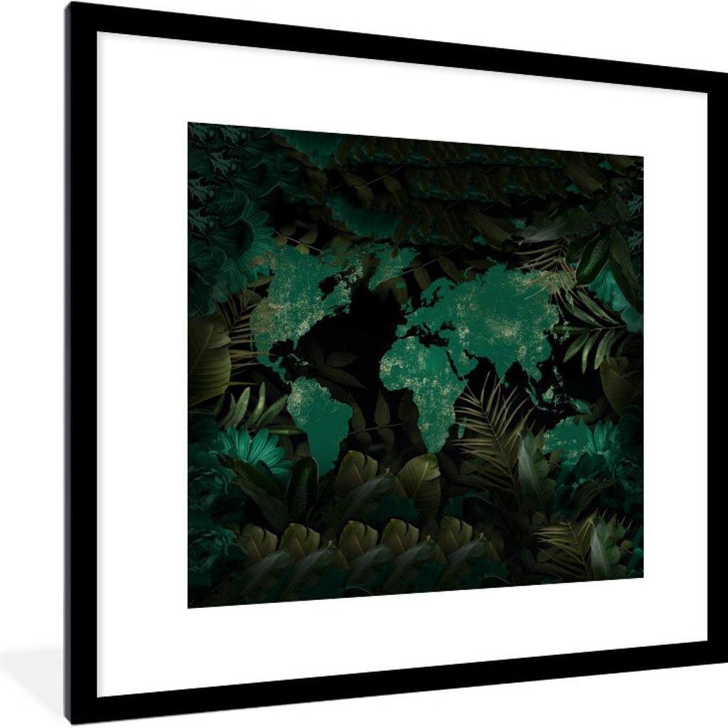 MuchoWow MuchoWow Gerahmtes Poster Weltkarte - Grün - Pflanzen 40x40 cm - Poster mit zchwarzem Bilderrahmen - Poster - Plakat im Rahmen
